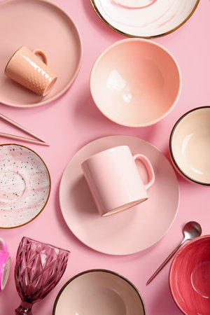 Set of clean tableware on pink background. Top viewの写真素材