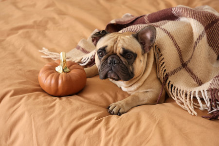 Cute French bulldog with pumpkin and blanket lying on bed at homeの写真素材