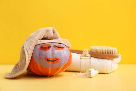 Funny pumpkin with cosmetic mask, bath supplies and essential oil on color backgroundの写真素材