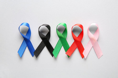 Colorful ribbons on gray background. World Cancer Dayの写真素材