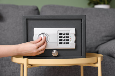 Woman opening safe on table at home, closeupの写真素材