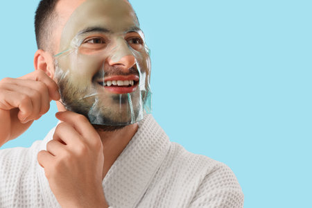 Handsome young happy man in bathrobe applying cosmetic gel mask on face against blue backgroundの写真素材