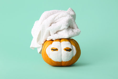 Funny pumpkin with facial mask and towel on color backgroundの写真素材