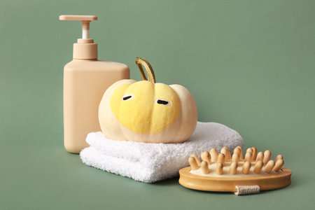 Pumpkin with facial mask and bath supplies on green backgroundの写真素材