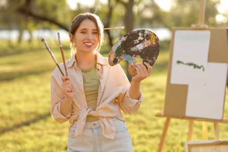 Beautiful artist with paint palette and brushes in parkの写真素材