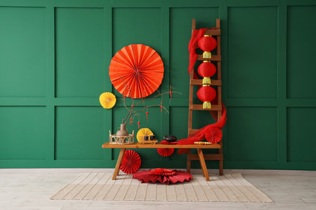 Interior of room with wooden bench, ladder and decor for Chinese New Year celebrationの写真素材