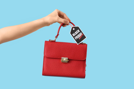 Female hand holding stylish bag and tag with text BLACK FRIDAY SALE on blue backgroundの写真素材
