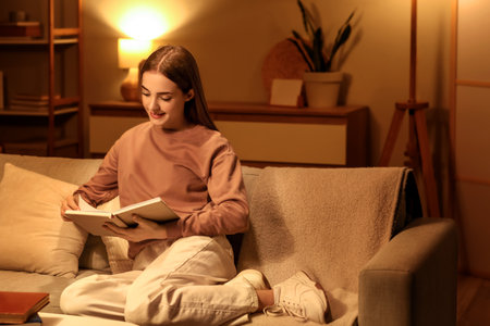 Beautiful young happy woman reading book on sofa in evening at homeの写真素材