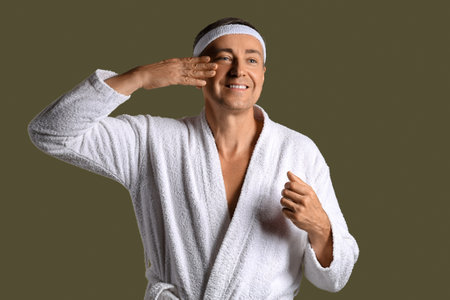 Happy mature man in bathrobe doing face building exercise on green backgroundの写真素材