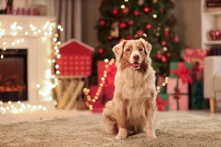 Cute Australian Shepherd dog at home on Christmas Eveの写真素材