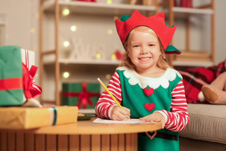 Cute little girl in elf costume writing letter to Santa at home on Christmas Eve