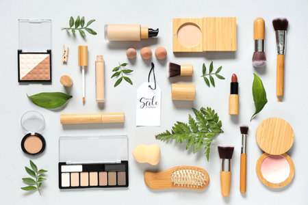 Composition with different decorative cosmetics, accessories, plant leaves and sale tag on gray backgroundの写真素材