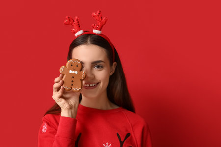 Young woman with tasty Christmas gingerbread cookie on red backgroundの写真素材