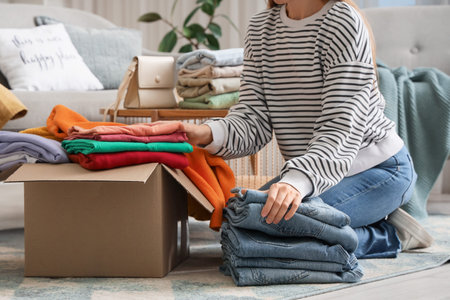Young woman packing stacks of stylish clothes into cardboard box on floor at home, closeup