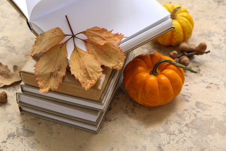Composition with stack of books, pumpkins and autumn leaves on light grunge backgroundの写真素材