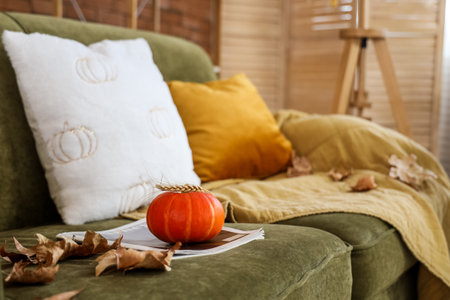 Cozy sofa with pumpkin and autumn leaves in living room. Closeupの写真素材