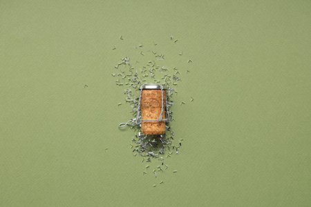 Champagne cork and glitters on green background. Christmas celebration