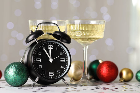 New Year composition with glasses of champagne, alarm clock and Christmas balls on table against...