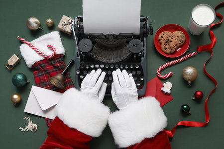 Santa Claus hands with Christmas decor, letters and cookies typing on typewriter against green backgroundの写真素材