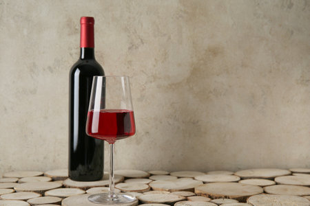 Bottle and glass of red wine on wooden table against grunge beige backgroundの写真素材