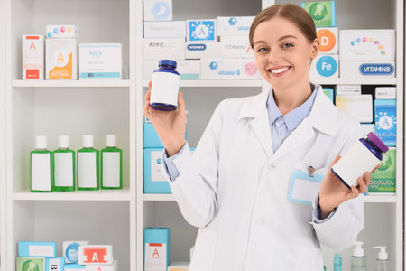 Female pharmacist with pill bottles at pharmacyの写真素材