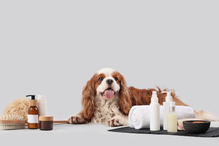 Cute cavalier King Charles spaniel with cosmetic products, massage brushes and sponge lying on gray backgroundの写真素材