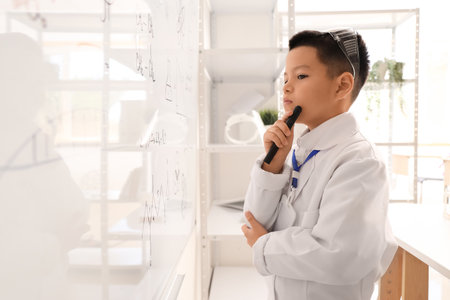 Thoughtful little boy near whiteboard in chemistry classroomの写真素材