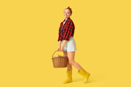 Young woman with basket of apples on yellow backgroundの写真素材