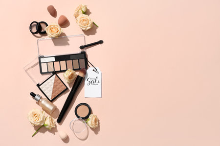 Composition with decorative cosmetics, rose flowers and sale tag on color backgroundの写真素材