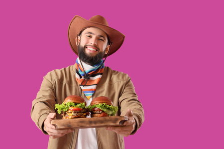 Young male cowboy with tasty burgers on pink backgroundの写真素材