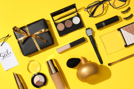 Composition with different decorative cosmetics, gift box and sale tags on yellow backgroundの写真素材
