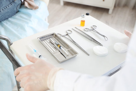 Female plastic surgeon with injection and instruments in clinic, closeup