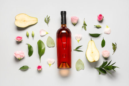 Bottle of wine with rose flowers, pear halves and leaves on white backgroundの写真素材