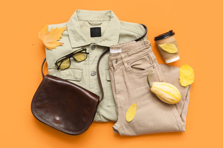 Stylish female bag with clothes, paper cup and glasses on orange backgroundの写真素材