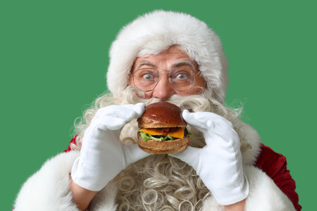 Santa Claus with tasty burger on green backgroundの写真素材