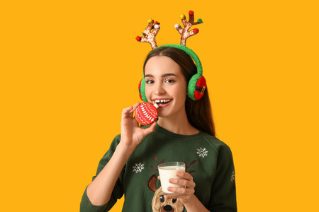 Young woman with tasty Christmas gingerbread cookie and milk on yellow backgroundの写真素材