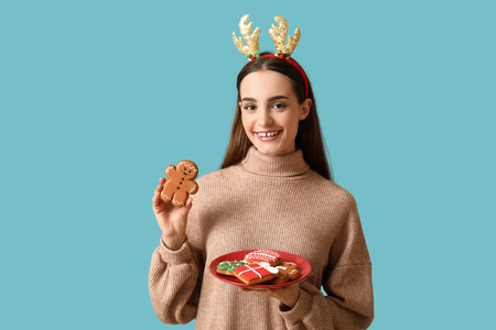 Young woman with tasty Christmas gingerbread cookies on blue backgroundの写真素材