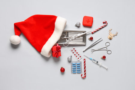 Santa hat with Christmas gift and medical supplies on light backgroundの写真素材