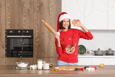 Young woman with rolling pin making gingerbread cookies in kitchen on Christmas Eveの写真素材