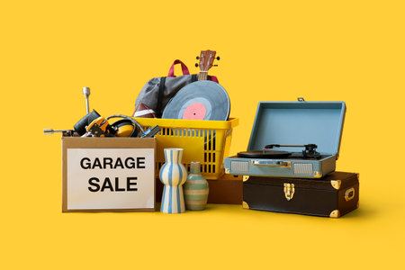 Unwanted stuff for garage sale on yellow backgroundの写真素材
