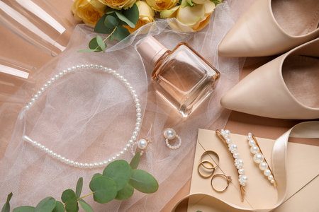 Wedding rings with bride's accessories on brown backgroundの写真素材