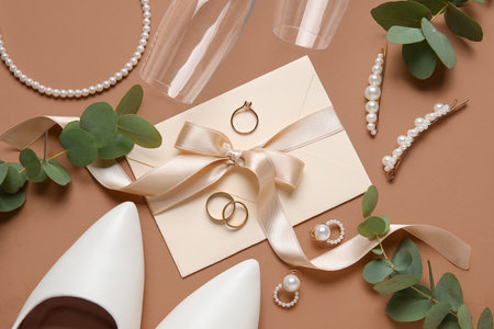 Wedding rings with envelope, eucalyptus and bride's accessories on brown backgroundの写真素材