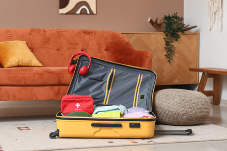 Suitcase with stylish clothes, headphones and first aid kit on floor in room