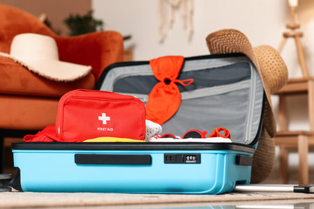 Suitcase with stylish clothes, first aid kit and summer hats on floor in room
