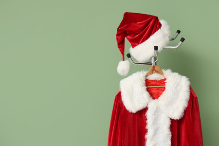 Hanger with Santa Claus costume near green wall in room, closeupの写真素材