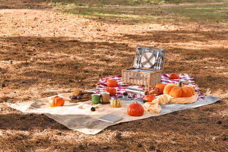 Picnic wicker basket with pumpkins, cups of tea and tasty food on plaid in autumn parkの写真素材
