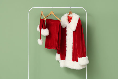 Santa Claus suit hanging on rack near green wall in roomの写真素材