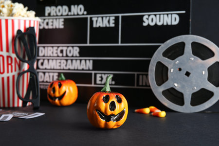 Pumpkins for Halloween, film reel, clapperboard and popcorn on dark background