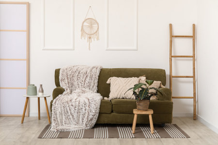 Cozy sofa, houseplant and ladder in interior of living roomの写真素材