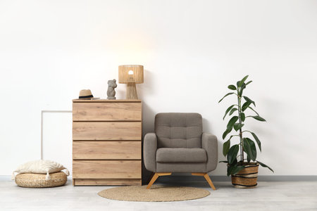 Armchair, chest of drawers and houseplant in interior of living room